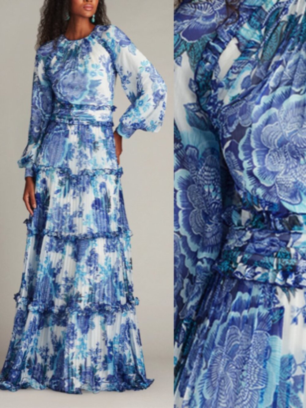 NWT TADASHI SHOJI Atlas Pleated Floral Print Gown Dress CHW25463L blue size 6